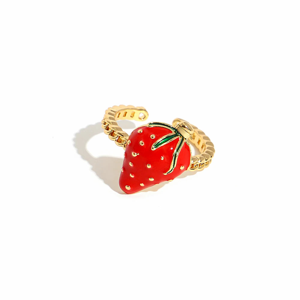 ALLYES Fashion Gold Plated Copper Rings for Women Cute Enamel Cherry Strawberry Crystal Fruit Finger Ring Jewelry Gifts