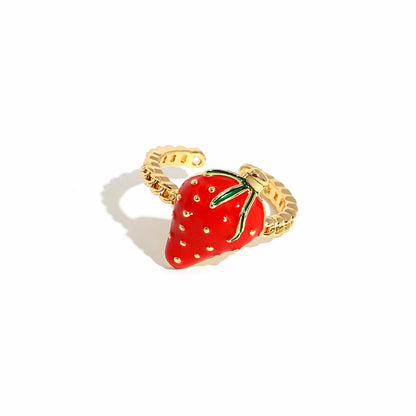 ALLYES Fashion Gold Plated Copper Rings for Women Cute Enamel Cherry Strawberry Crystal Fruit Finger Ring Jewelry Gifts
