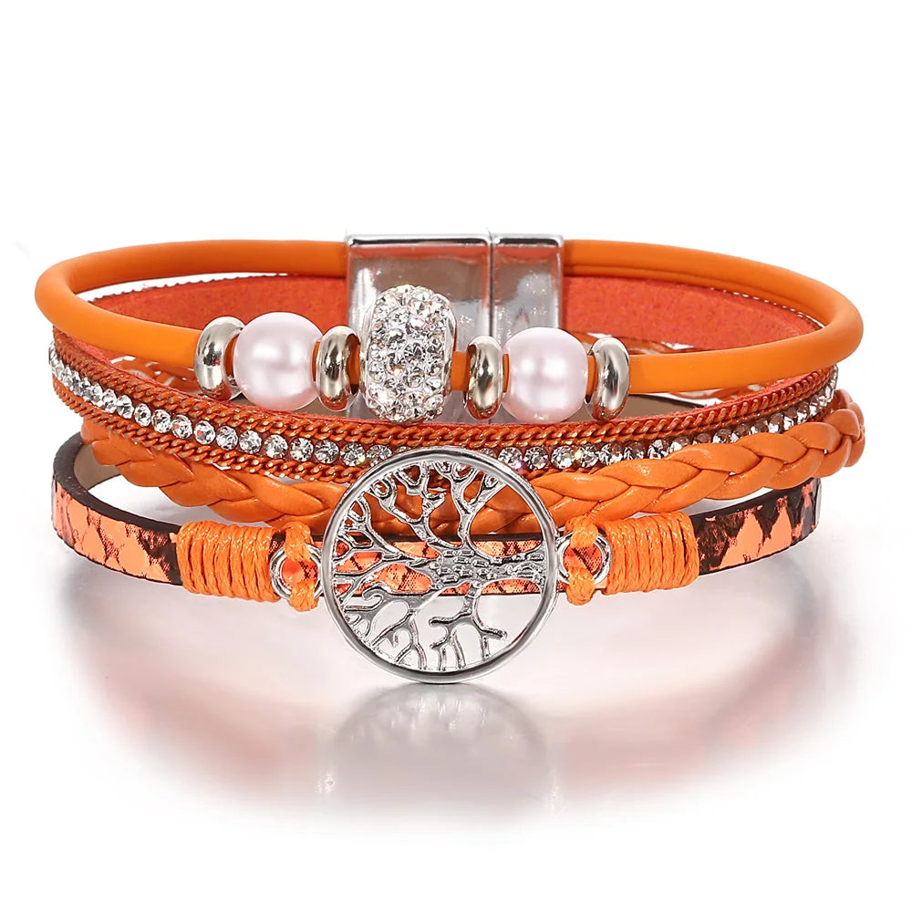 ALLYES Tree of Life Rhinestone Beads Pearl Leather Bracelets for Women Charm Bohemian Multilayer Wrap Bracelet Halloween Jewelry