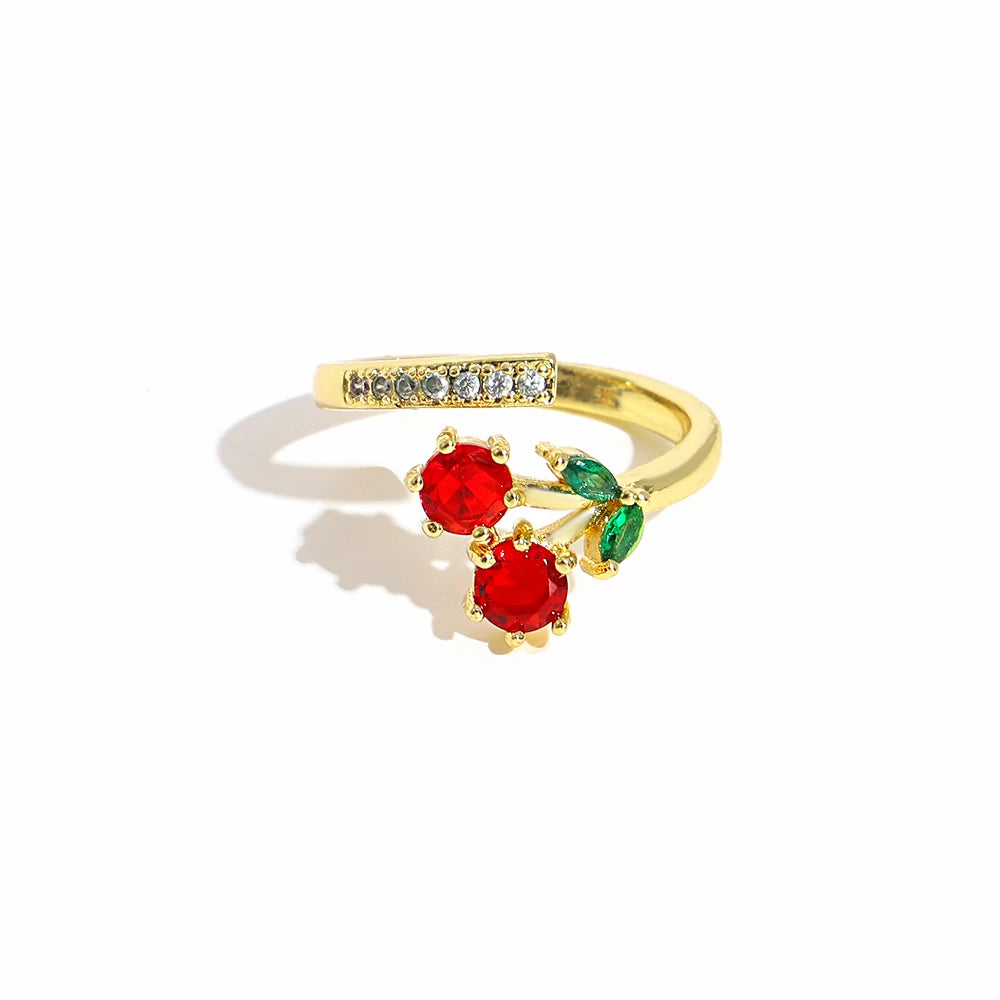 ALLYES Fashion Gold Plated Copper Rings for Women Cute Enamel Cherry Strawberry Crystal Fruit Finger Ring Jewelry Gifts