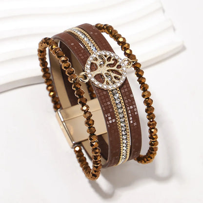 ALLYES Vintage Tree of Life Leather Bracelet for Women Multilayer Crystal Beads Chain Wrap Bracelets & Bangles Party Jewelry
