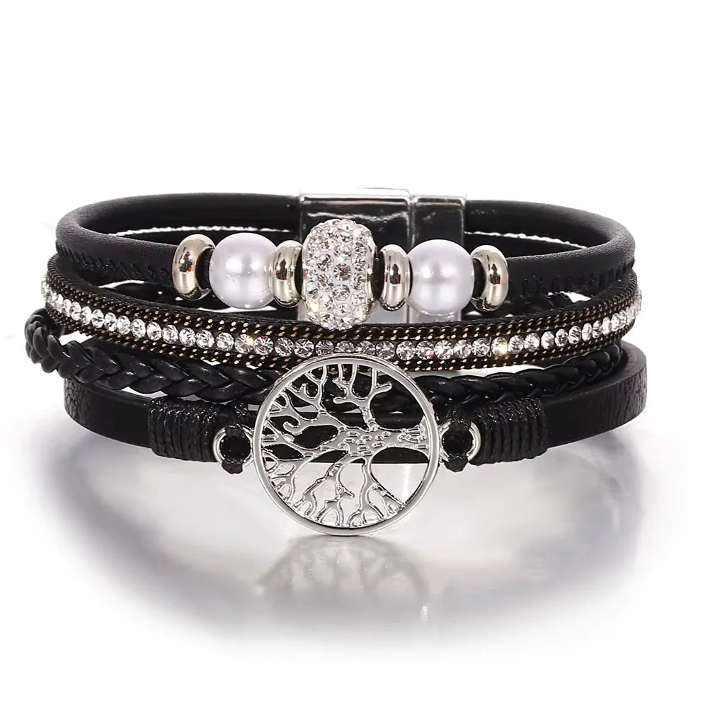 ALLYES Tree of Life Rhinestone Beads Pearl Leather Bracelets for Women Charm Bohemian Multilayer Wrap Bracelet Halloween Jewelry