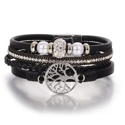 ALLYES Tree of Life Rhinestone Beads Pearl Leather Bracelets for Women Charm Bohemian Multilayer Wrap Bracelet Halloween Jewelry