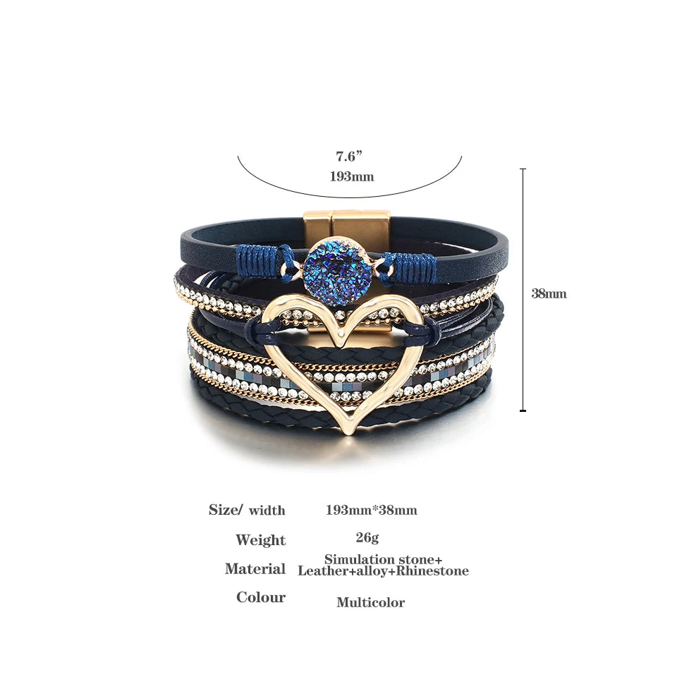 ALLYES Metal Love Heart Charm Leather Bracelets for Women Fashion Rhinestone Braided Wrap Bracelet Bangle Female Jewelry Gfits