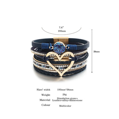 ALLYES Metal Love Heart Charm Leather Bracelets for Women Fashion Rhinestone Braided Wrap Bracelet Bangle Female Jewelry Gfits