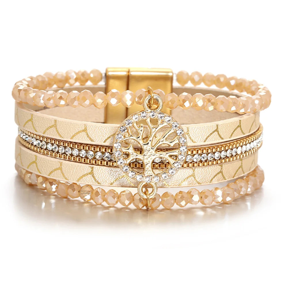 ALLYES Vintage Tree of Life Leather Bracelet for Women Multilayer Crystal Beads Chain Wrap Bracelets & Bangles Party Jewelry