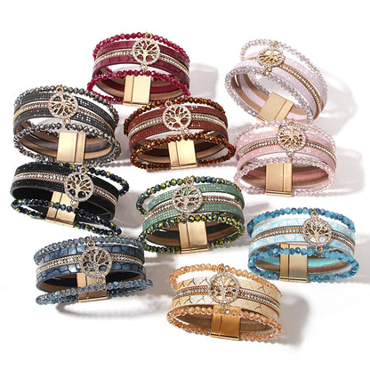 ALLYES Vintage Tree of Life Leather Bracelet for Women Multilayer Crystal Beads Chain Wrap Bracelets & Bangles Party Jewelry