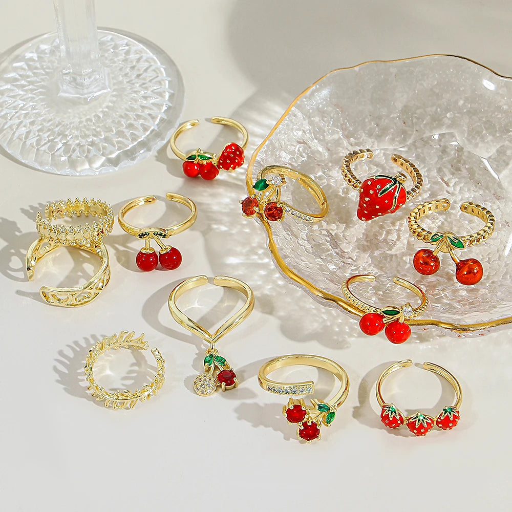 ALLYES Fashion Gold Plated Copper Rings for Women Cute Enamel Cherry Strawberry Crystal Fruit Finger Ring Jewelry Gifts