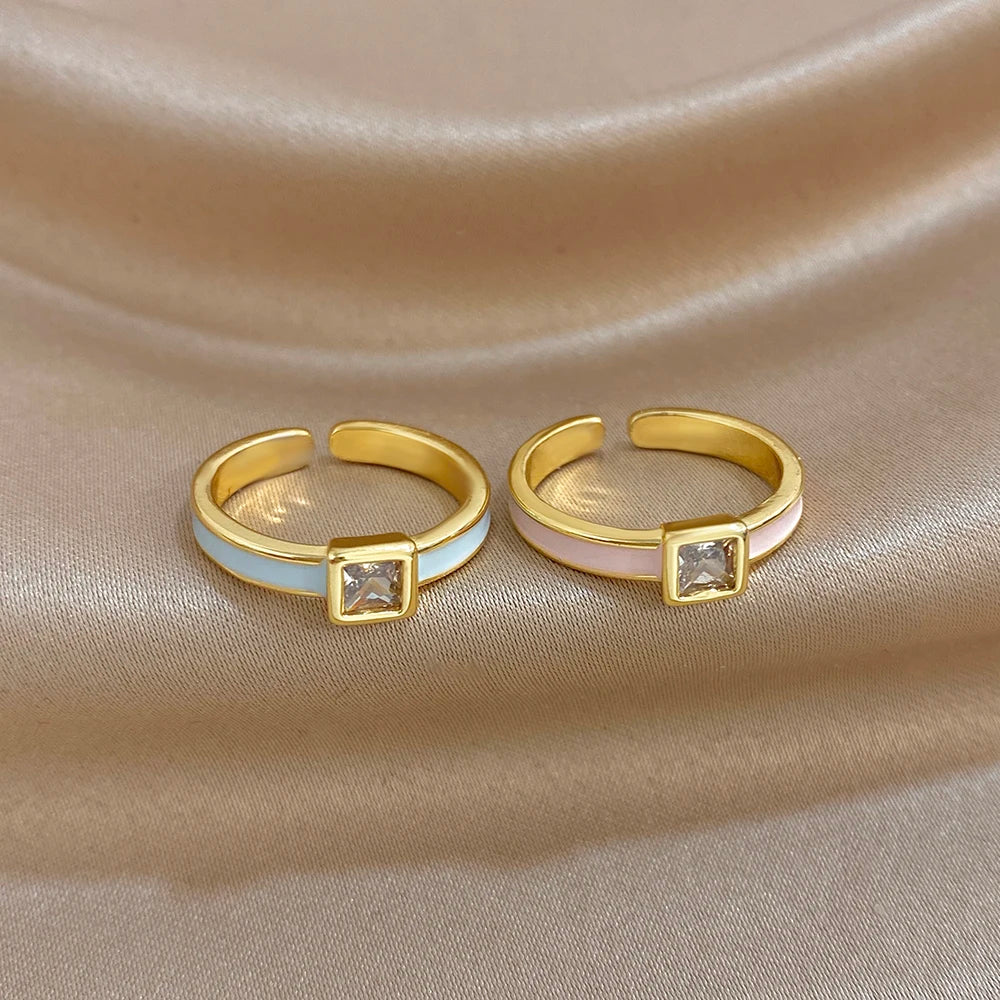 ALLYES Chic Enamel Square Zirconia Open Ring for Women Exquisite Gold Plated Copper Finger Rings Valentine's Day Gifts