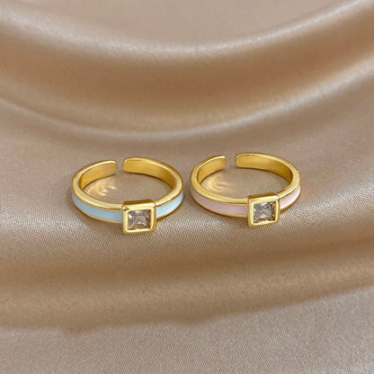 ALLYES Chic Enamel Square Zirconia Open Ring for Women Exquisite Gold Plated Copper Finger Rings Valentine's Day Gifts