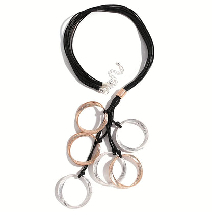 ALLYES Vintage Textured Two Tone Circle Tassel Pendant Necklace Chunky Multilayer Black Leather Necklaces Sweater Chain