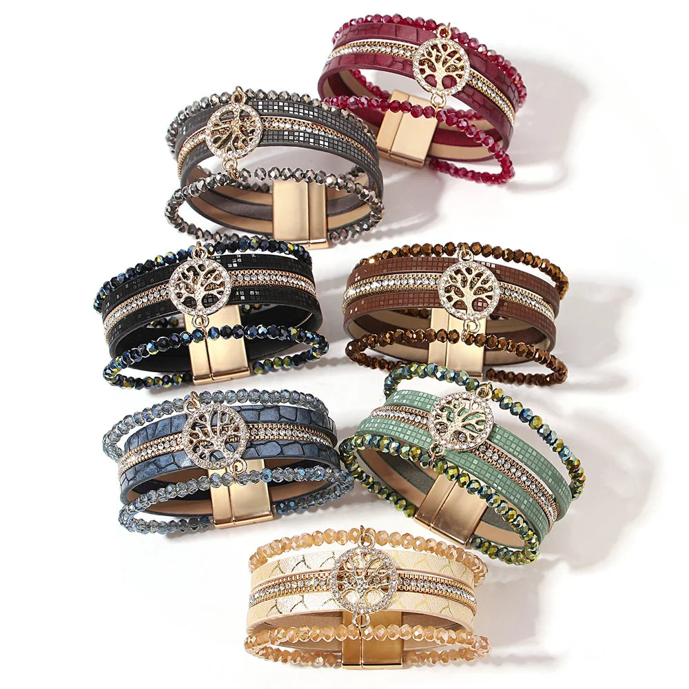 ALLYES Vintage Tree of Life Leather Bracelet for Women Multilayer Crystal Beads Chain Wrap Bracelets & Bangles Party Jewelry