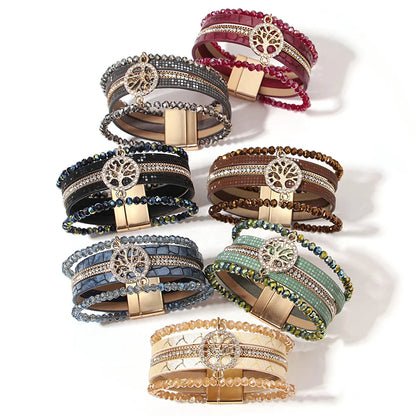 ALLYES Vintage Tree of Life Leather Bracelet for Women Multilayer Crystal Beads Chain Wrap Bracelets & Bangles Party Jewelry