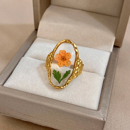 ALLYES Elegant Natural Flower Plant Oval Open Rings for Women Hammered Gold Plated Stainless Steel Finger Ring Jewelry Gifts