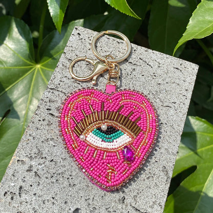 ALLYES Boho Red Blue Seed Beads Teardrop Hand-sewn Evil Eye Heart Keychain, Gothic Mobile Phone Handbag Hanging Charms Keyring