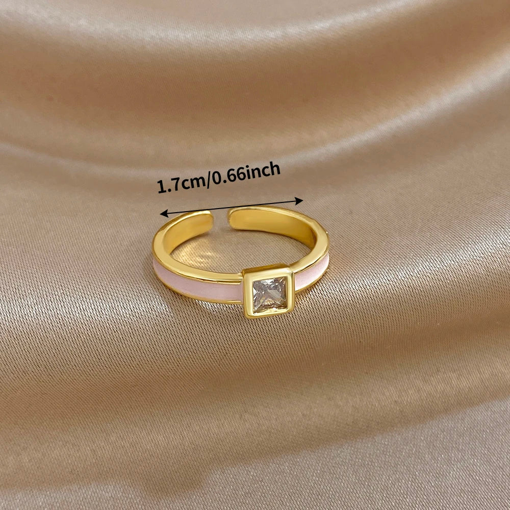 ALLYES Chic Enamel Square Zirconia Open Ring for Women Exquisite Gold Plated Copper Finger Rings Valentine's Day Gifts