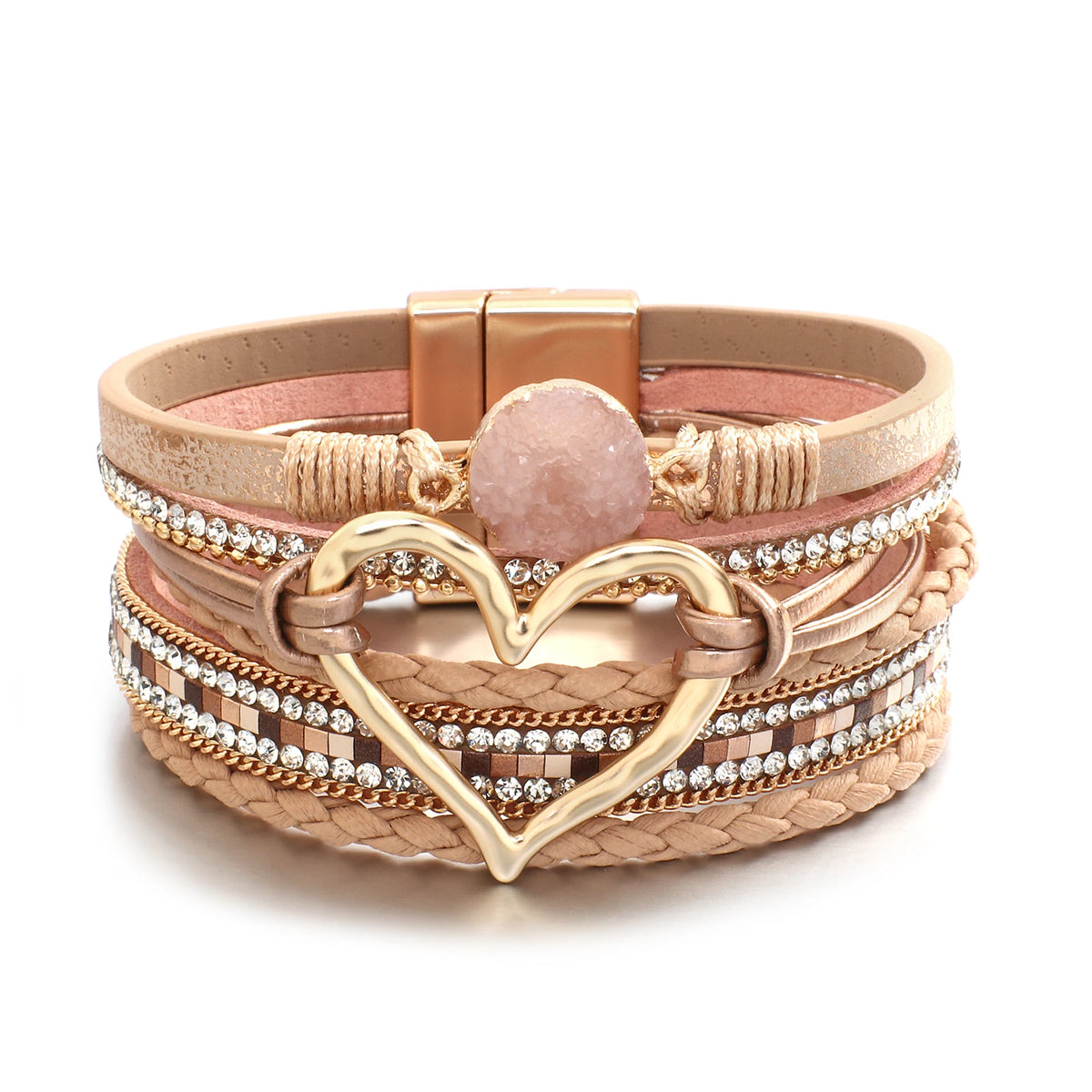 ALLYES Metal Love Heart Charm Leather Bracelets for Women Fashion Rhinestone Braided Wrap Bracelet Bangle Female Jewelry Gfits