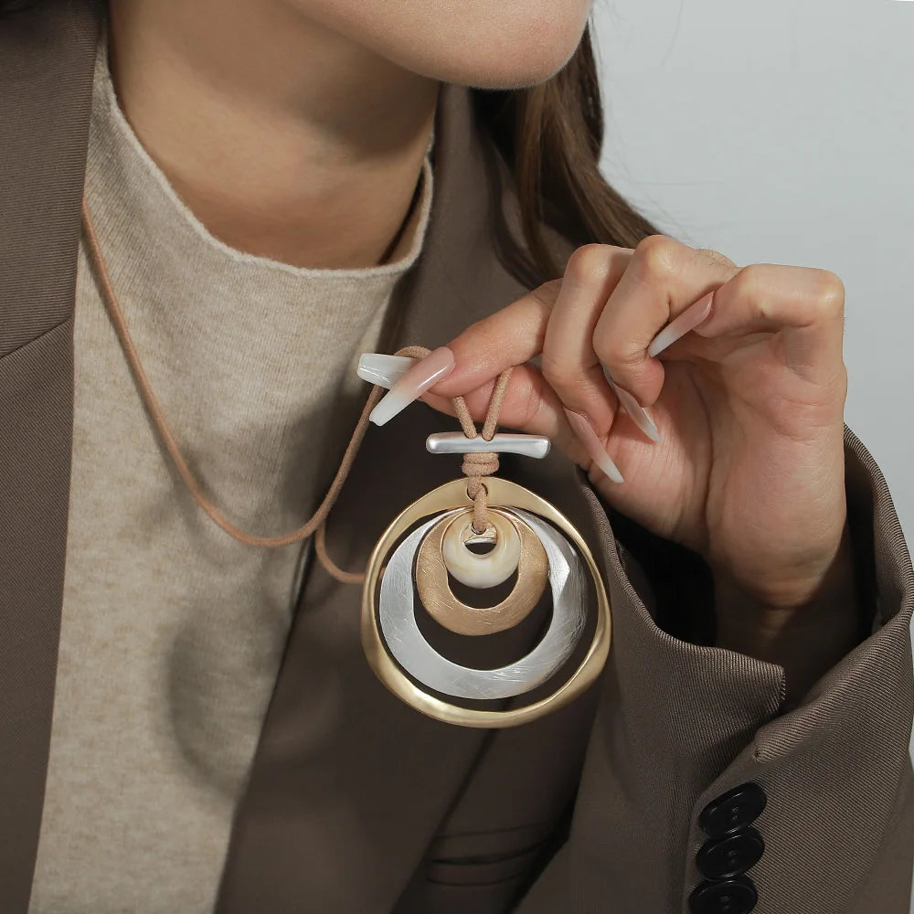 ALLYES Gold Color Multilayer Metal Circles Pendant Necklaces for Women Fashion Long Sweater Chain Collar Necklace Female Jewelry
