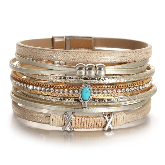 ALLYES Fashion Beads Cross Leather Bracelet for Women Men Chunky Rhinestone Chain Multilayer Wrap Wide Bracelets Party Jewelry