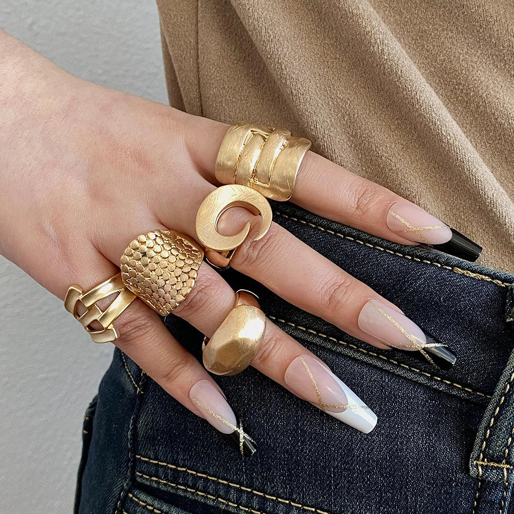 ALLYES Chunky Gold Color Rings for Women Men Irregular Geometric Matte Elastic Rope Connection Finger Rings Trendy Jewelry