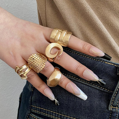 ALLYES Chunky Gold Color Rings for Women Men Irregular Geometric Matte Elastic Rope Connection Finger Rings Trendy Jewelry