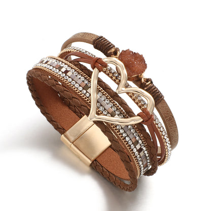 ALLYES Metal Love Heart Charm Leather Bracelets for Women Fashion Rhinestone Braided Wrap Bracelet Bangle Female Jewelry Gfits