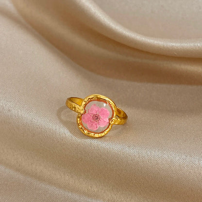ALLYES Vintage Natural Rose Red Flower Open Rings for Women Elegant Gold Plated Stainless Steel Finger Ring Party Jewelry Gifts
