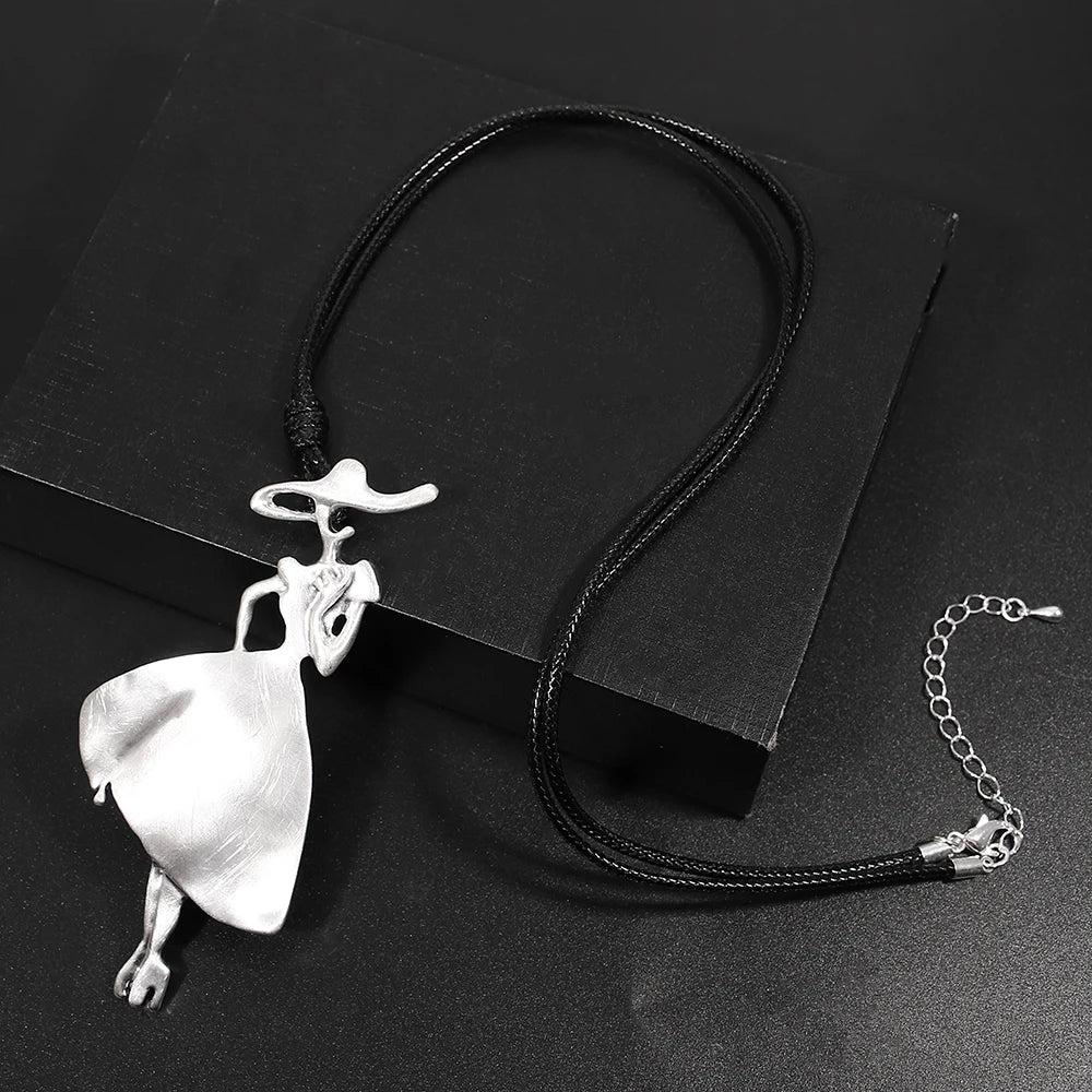 ALLYES Vintage Boho Long Leather Necklaces Elegant Matte Metal Women Pendant Necklace Sweater Chain Fall & Winter Jewelry