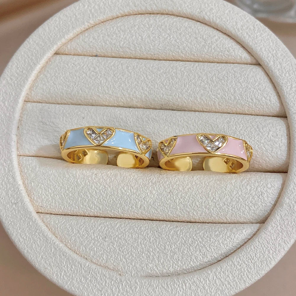 ALLYES Romantic Enamel Heart Zirconia Open Ring for Women Exquisite Gold Plated Copper Finger Rings Valentine's Day Gifts