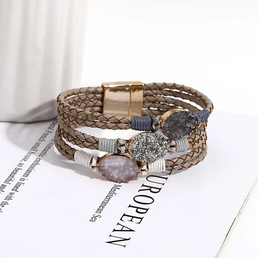 ALLYES Vintage Natural Stones Leather Bracelet for Women Men Boho Handmade Braided Multilayer Winding Wrap Bracelets Jewelry