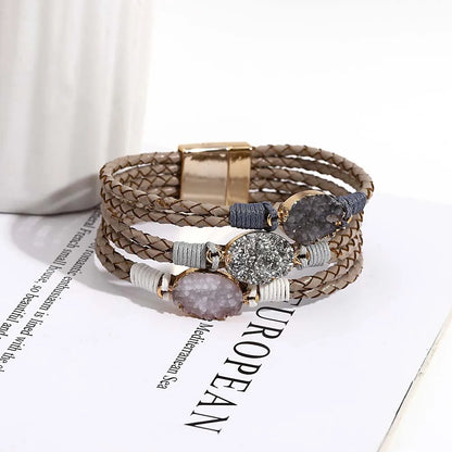 ALLYES Vintage Natural Stones Leather Bracelet for Women Men Boho Handmade Braided Multilayer Winding Wrap Bracelets Jewelry