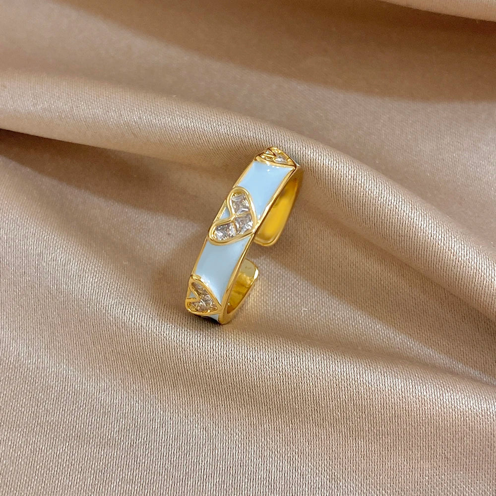 ALLYES Romantic Enamel Heart Zirconia Open Ring for Women Exquisite Gold Plated Copper Finger Rings Valentine's Day Gifts