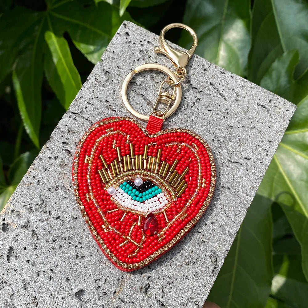 ALLYES Boho Red Blue Seed Beads Teardrop Hand-sewn Evil Eye Heart Keychain, Gothic Mobile Phone Handbag Hanging Charms Keyring