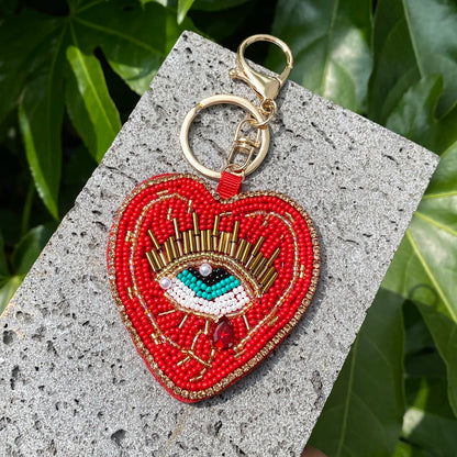 ALLYES Boho Red Blue Seed Beads Teardrop Hand-sewn Evil Eye Heart Keychain, Gothic Mobile Phone Handbag Hanging Charms Keyring