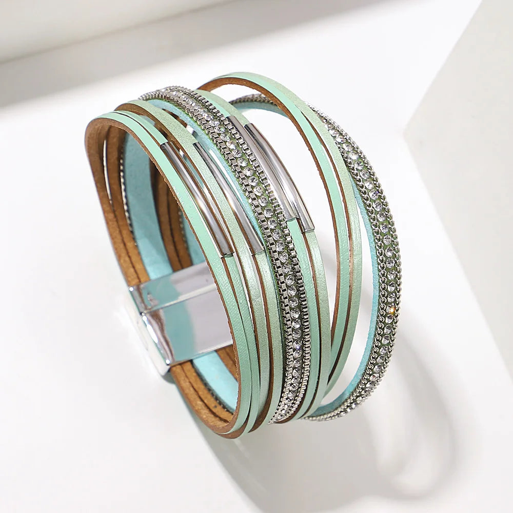ALLYES Vintage Multilayer Wrap Leather Bracelet for Women Charm Rhinestone Metal Tube Wide Bangle Bracelets Party Jewelry Gifts