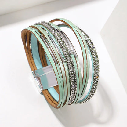 ALLYES Vintage Multilayer Wrap Leather Bracelet for Women Charm Rhinestone Metal Tube Wide Bangle Bracelets Party Jewelry Gifts
