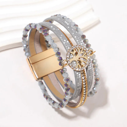 ALLYES Vintage Tree of Life Leather Bracelet for Women Multilayer Crystal Beads Chain Wrap Bracelets & Bangles Party Jewelry