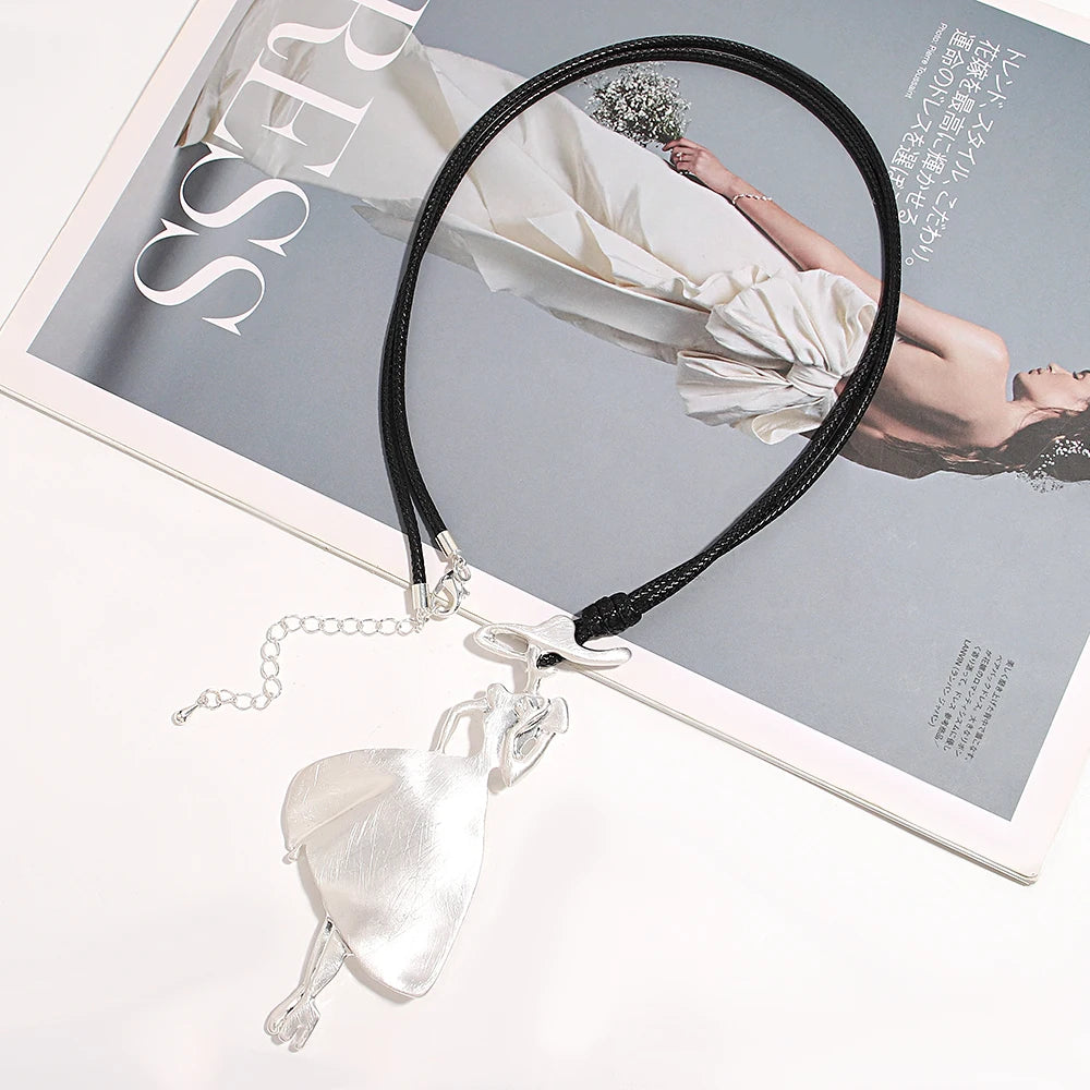ALLYES Vintage Boho Long Leather Necklaces Elegant Matte Metal Women Pendant Necklace Sweater Chain Fall & Winter Jewelry