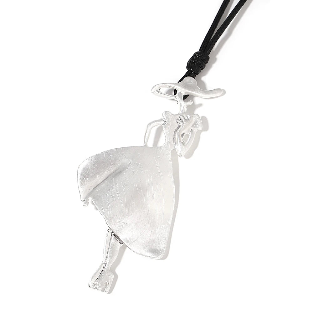 ALLYES Vintage Boho Long Leather Necklaces Elegant Matte Metal Women Pendant Necklace Sweater Chain Fall & Winter Jewelry