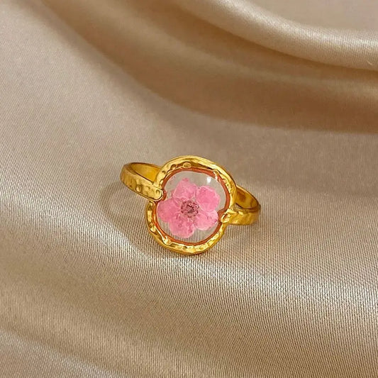 ALLYES Vintage Natural Rose Red Flower Open Rings for Women Elegant Gold Plated Stainless Steel Finger Ring Party Jewelry Gifts