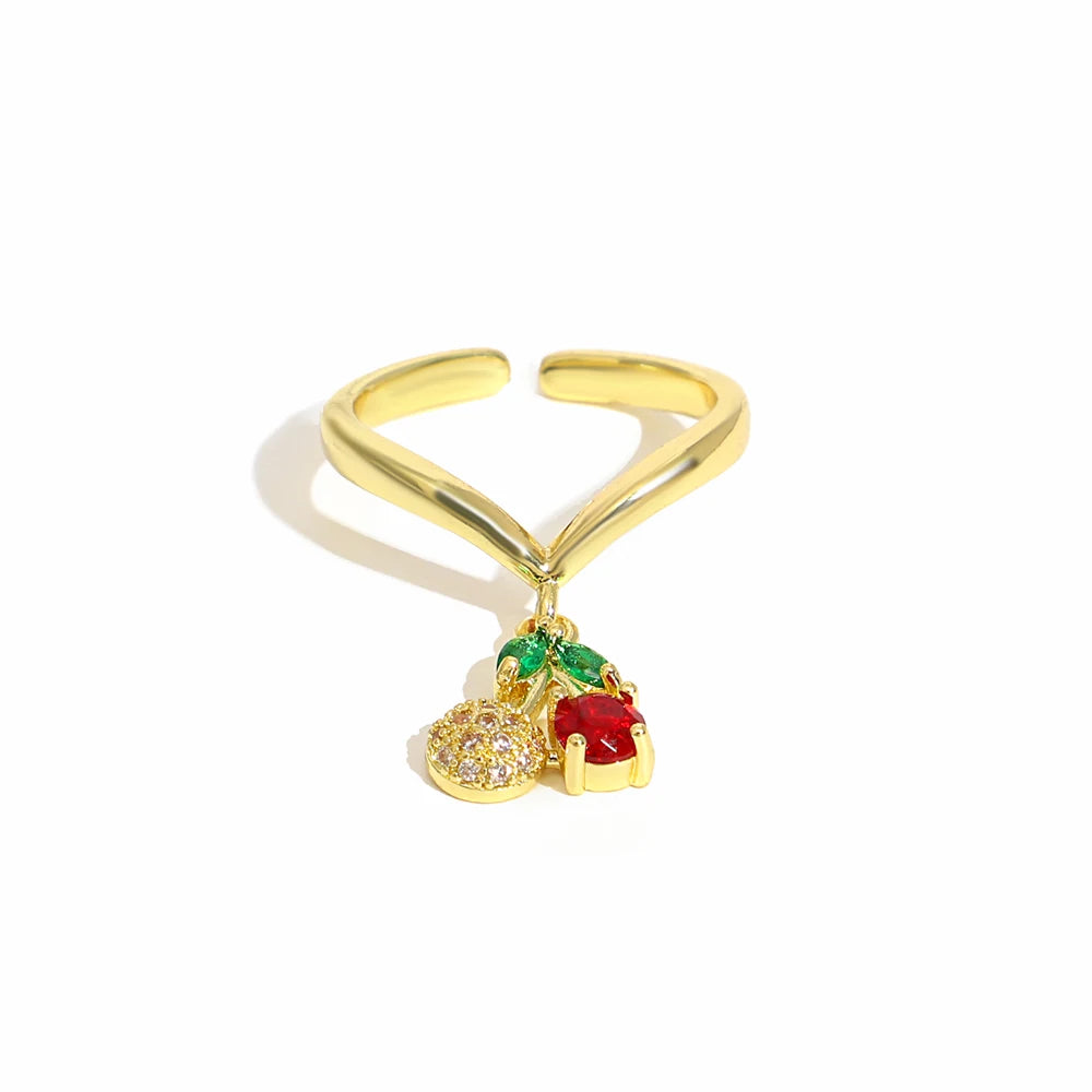ALLYES Fashion Gold Plated Copper Rings for Women Cute Enamel Cherry Strawberry Crystal Fruit Finger Ring Jewelry Gifts
