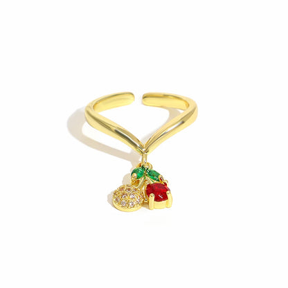 ALLYES Fashion Gold Plated Copper Rings for Women Cute Enamel Cherry Strawberry Crystal Fruit Finger Ring Jewelry Gifts