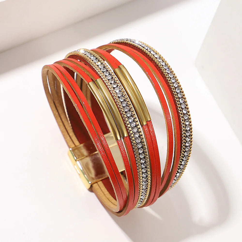 ALLYES Vintage Multilayer Wrap Leather Bracelet for Women Charm Rhinestone Metal Tube Wide Bangle Bracelets Party Jewelry Gifts
