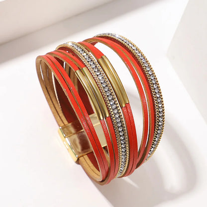 ALLYES Vintage Multilayer Wrap Leather Bracelet for Women Charm Rhinestone Metal Tube Wide Bangle Bracelets Party Jewelry Gifts