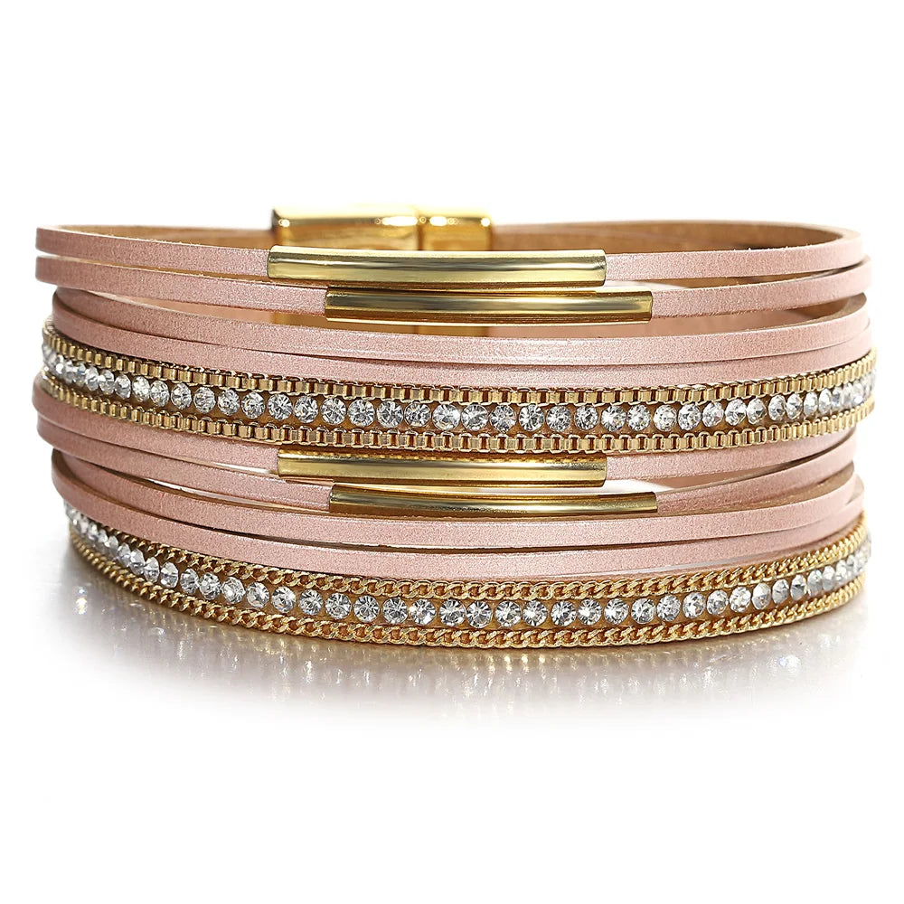 ALLYES Vintage Multilayer Wrap Leather Bracelet for Women Charm Rhinestone Metal Tube Wide Bangle Bracelets Party Jewelry Gifts