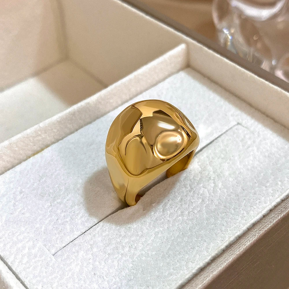 ALLYES Irregular Hammered Ball Shaped Stainless Steel Ring for Women Fashion Gold Color Chunky Finger Rings Waterproof Jewelry