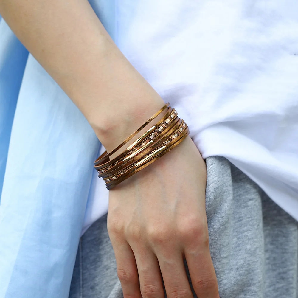 ALLYES Trendy Colorful Square Leather Bracelet for Women Men Boho Metal Tube Multilayer Wrap Wide Bracelets Charm Party Jewelry