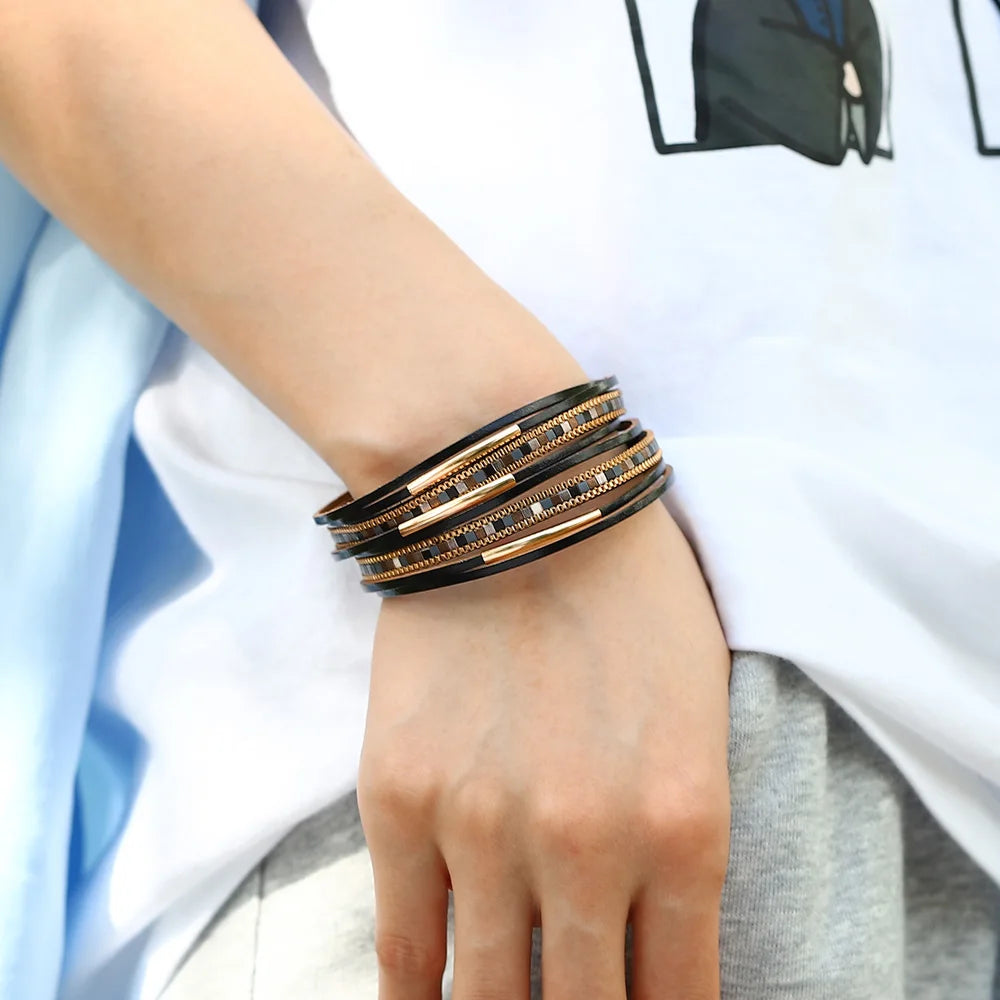 ALLYES Trendy Colorful Square Leather Bracelet for Women Men Boho Metal Tube Multilayer Wrap Wide Bracelets Charm Party Jewelry