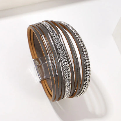 ALLYES Vintage Multilayer Wrap Leather Bracelet for Women Charm Rhinestone Metal Tube Wide Bangle Bracelets Party Jewelry Gifts