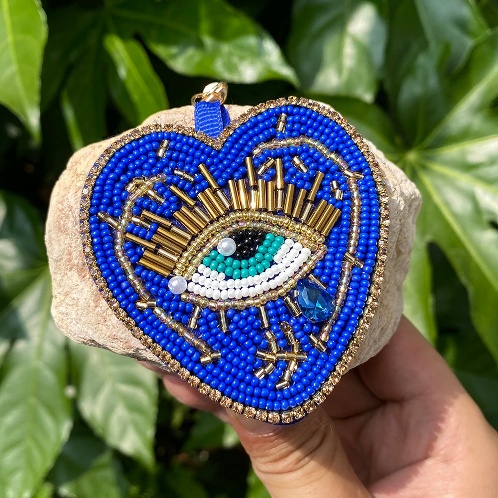 ALLYES Boho Red Blue Seed Beads Teardrop Hand-sewn Evil Eye Heart Keychain, Gothic Mobile Phone Handbag Hanging Charms Keyring
